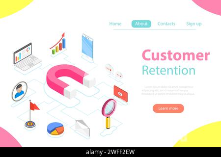 Flat isometric vector concept of retention strategy, attracting customer, client support. Stock Vector