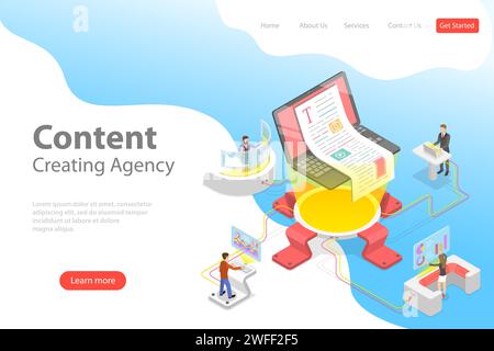 Flat isometric vector landing pate template of content creating, copywriting, creative writing, content marketing. Stock Vector