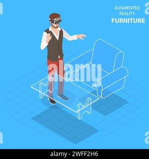 Flat isometric vector concept of augmented reality, virtual furniture. Stock Vector
