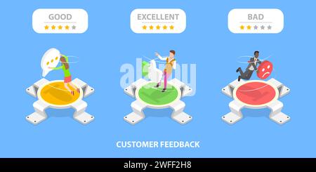 3D Isometric Flat Vector Concept of Excellent, Bad and Good Customer Feedbacks, Positive Opinion and Review, Online Survey, Five Stars Product Rating, Stock Vector