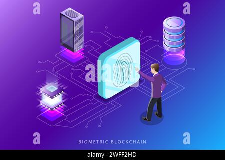 Biometric blockchain flat isometric vector concept. Stock Vector