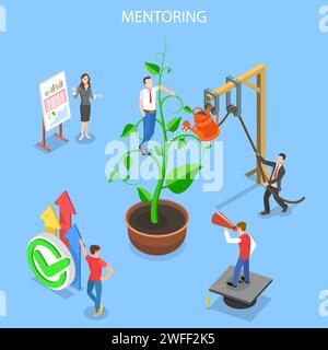 Isometric flat vector concept of mentoring, guide to reach a goal, skills improvement, self-development. Stock Vector