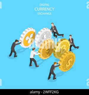 Flat isometric vector concept of cryptocurrency exchange, blockchain technology, bitcoin, cryptocoin wallet. Stock Vector