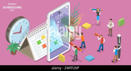 3D Isometric Flat Vector Concept of Online Scheduling App, Time Management Application. Stock Vector