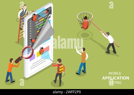 3D Isometric Flat Vector Concept of Mobile App Testing, Quality Assurance, Software Development, Searching for Bugs in Code. Stock Vector