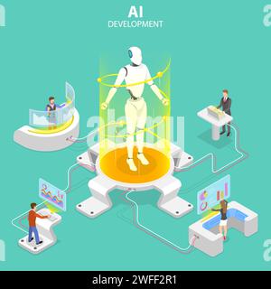 Flat isometric vector concept of AI development, robot and human cooperation, artificial intelligence, rpa, iot. Stock Vector