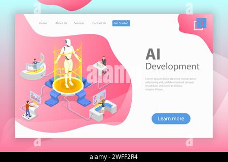 Flat isometric vector landing page template of AI development, robot and human cooperation, artificial intelligence, rpa, iot. Stock Vector