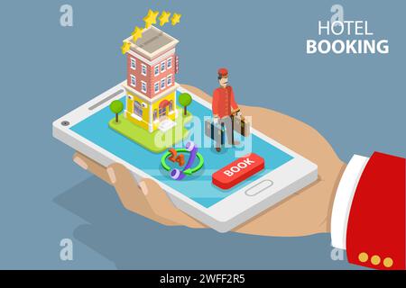 Flat isometric vector concept of hotel search, booking online, apartment reservation. Stock Vector