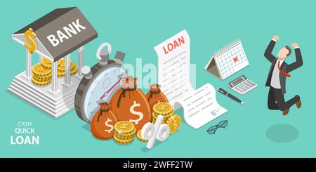 3D Isometric Flat Vector Concept of Quick and Easy Cash Loan, Business and Finance Services, Fast and Simple Money, Stock Vector
