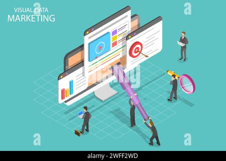 Isometric flat vector concept of visual data marketing, data driven campaign, analyzing statistics. Stock Vector