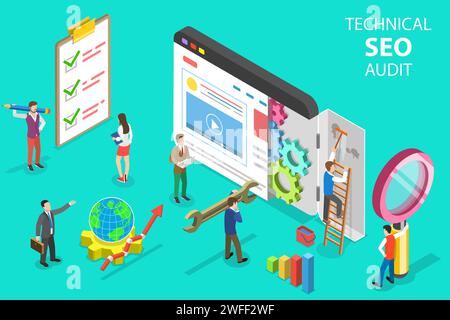 Isometric flat vector concept of technical SEO audit, search engine strategy, content marketing, website development. Stock Vector