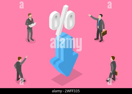 3D Isometric Flat Vector Concept of Percentage Decrease, Interest Rate Drop. Stock Vector