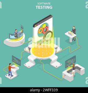 Isometric flat vector concept of software quality assurance, SQA, product testing and debugging, programming and coding. Stock Vector