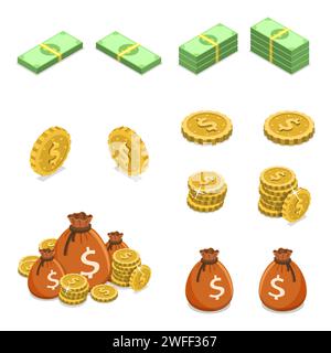 Isometric flat vector concept of money such as coins, banknotes and money bags isolated on white background. Stock Vector