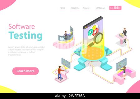 Isometric flat vector landing pate template of software quality assurance, SQA, product testing and debugging, programming and coding. Stock Vector
