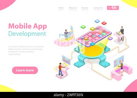 Flat isometric vector landing page template of mobile app development, programming, coding, software. Stock Vector