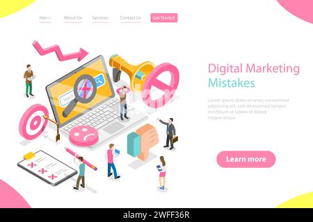Isometric flat vector landing page template of digital marketing mistakes, wrong strategy, SEO errors. Stock Vector