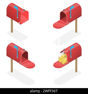3D Isometric Flat Vector Set of Mailboxes With a Closed and Open Door, With and Without Letters. Stock Vector