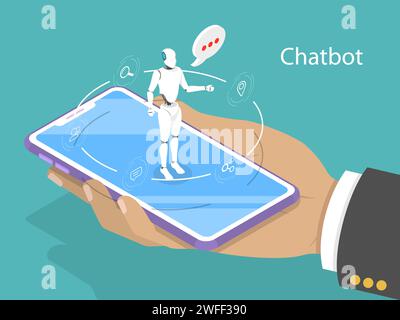 Flat isometric vector concept of chat bot, ai, artificial intelligence, customer support. Stock Vector