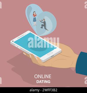 Isometric flat vector concept of online dating app, internet or remote relationship, social network acquaintance. Stock Vector