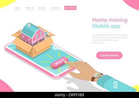Isometric flat vector landing page template of home moving mobile order, relocation service, fast delivery. Stock Vector