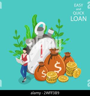 Isometric flat vector concept of quick loan, easy cash, finance services, time is money. Stock Vector