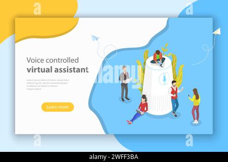 Isometric flat vector concept of personal voice, assistant, voice recognition, soundwave intelligent technologies. Stock Vector