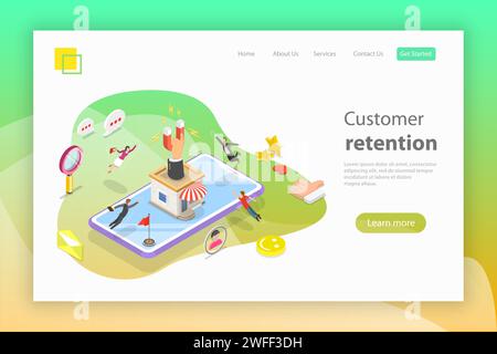 Flat isometric vector landing page header for retention strategy, attracting customer, client support. Stock Vector