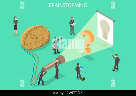 Isometric flat vector concept of brainstorming, creative idea, team work process, innovation and solution. Stock Vector
