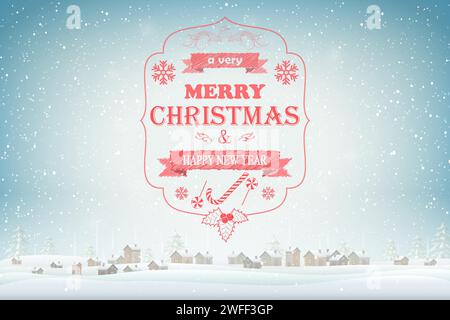 Christmas and New Year typography greetings on Xmas background with winter rural landscape and snowflakes. Stock Vector
