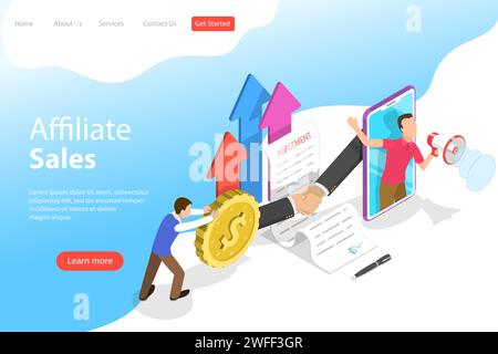 Isometric flat vector landing page template of affiliate sales, marketing strategy, referral program, partnership agreement. Stock Vector