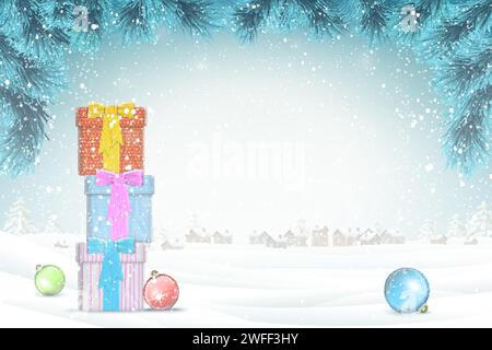 Christmas and New Year typography greetings on Xmas background with winter rural landscape and snowflakes. Stock Vector