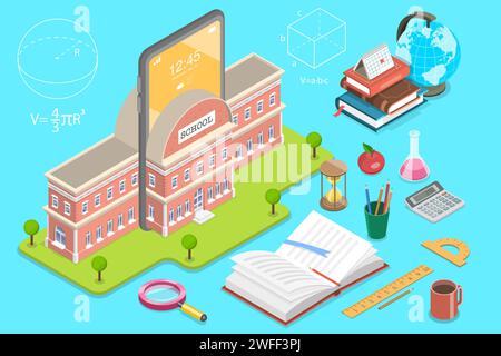 3D Isometric Flat Vector Concept of Online School, Distance Courses and E-learning, Back to Digital School. Stock Vector