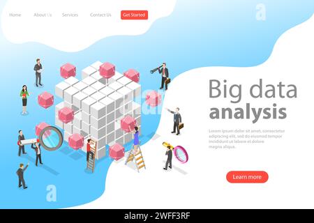 Flat isometric vector concept of advanced analytics, database research, big data analysis. Stock Vector