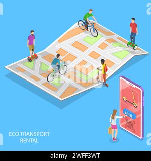Isometric flat vector concept of city eco transportation, rent online service, urban eco-friendly transport. Stock Vector