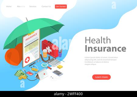 Isometric flat vector landing page template of health insurance policy, healthcare and medical service. Stock Vector