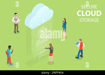 Flat isometric vector concept of secure cloud storage, big data, online computing service, mobile device sync. Stock Vector