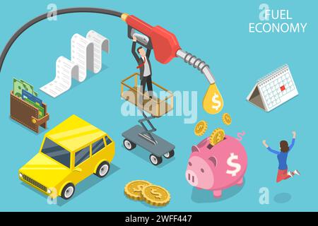 3D Isometric Flat Vector Conceptual Illustration of Fuel Economy, Reducing Fuel Consumption, Saving Money on Gasoline. Stock Vector