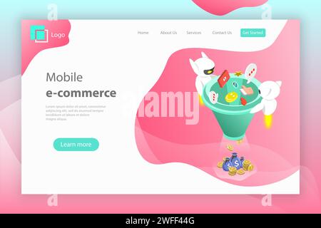 Flat isometric vector landing page header of chatbot sales funnel, ai, artificial intelligence, customer support, markting strategy. Stock Vector