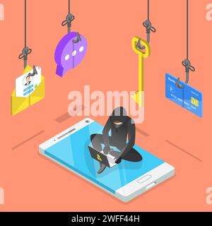 Isometric flat vector concept of phishing, computer virus, hacking, cyber attack. Stock Vector