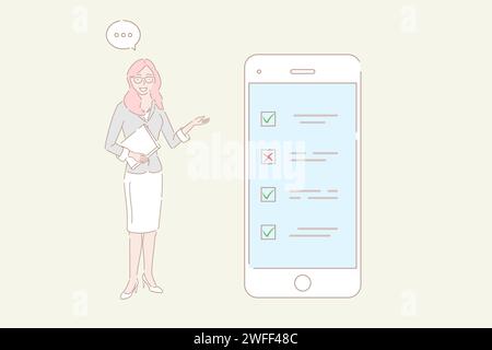 Hand drawn style vector illustration of mobile survey, customer review, feedback service, client satisfaction evaluation. Stock Vector