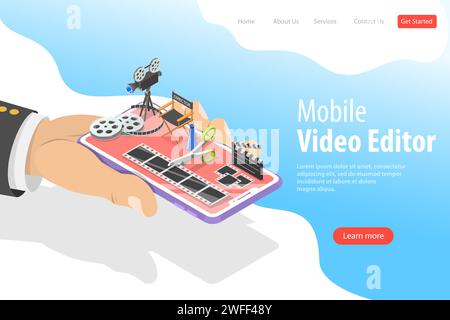 Isometric flat vector landing page template of video editing app, multimedia production, video blogging, motion design. Stock Vector