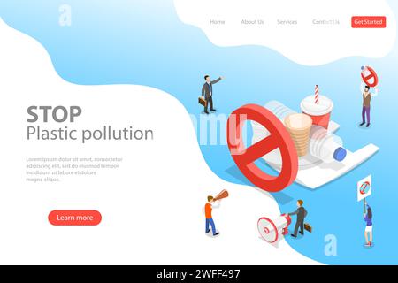 Isometric flat vector laning page template of stop plastic pollution, polythene disposable garbage problem. Stock Vector