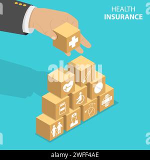 Isometric flat vector concept of health insurance, healthcare and medical service. Stock Vector