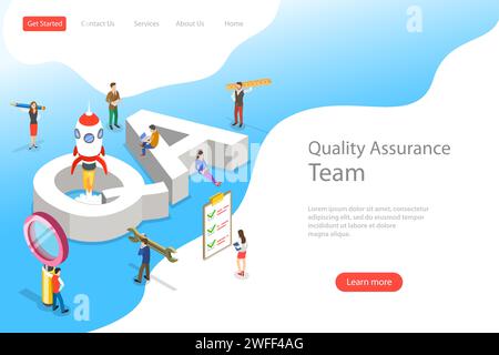 Isometric flat vector landing page template of QA, quality assurance, software app testing, coding and programming, question and answer, SQA team. Stock Vector