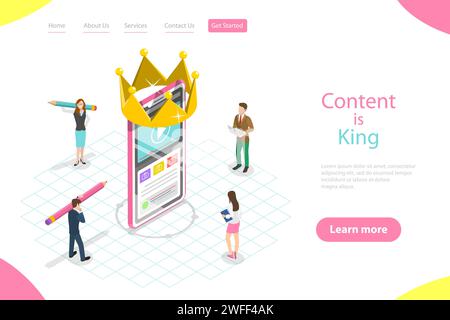 Isometric flat vector landing page template of content is king, copywriter, engaging content creating, blog writing. Stock Vector