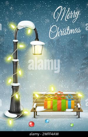 Christmas and New Year typography greetings on Xmas background with winter landscape and snowflakes. Stock Vector