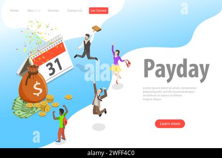 Flat isometric vector landing page template of salary, payout, bonus, income, annual payment day. Stock Vector