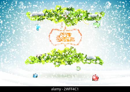 Christmas and New Year typography greetings on Xmas background with winter landscape and snowflakes. Stock Vector