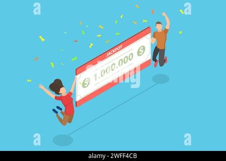 3D Isometric Flat Vector Conceptual Illustration of Happy Winners with Money Prize, Earnings on the Internet, Online Income, Gambling. Stock Vector